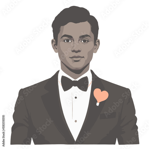 Young man in tuxedo with heart-shaped boutonnière for wedding  