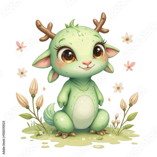 Cute cartoon deer character with antlers in a flower field  
