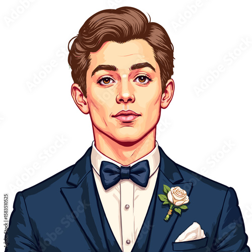 Young man in tuxedo with bow tie and boutonnière for wedding  