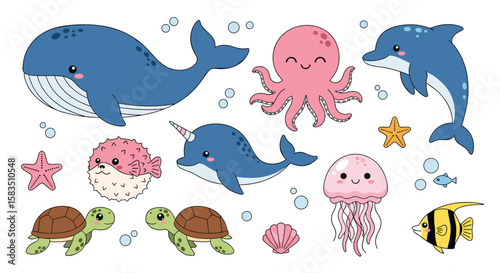 Adorable ocean creatures collection featuring whales dolphins octopuses and turtles