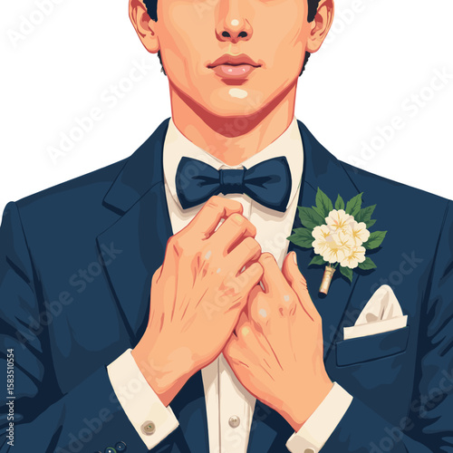 Young man adjusting bow tie in formal suit with wedding boutonniere  