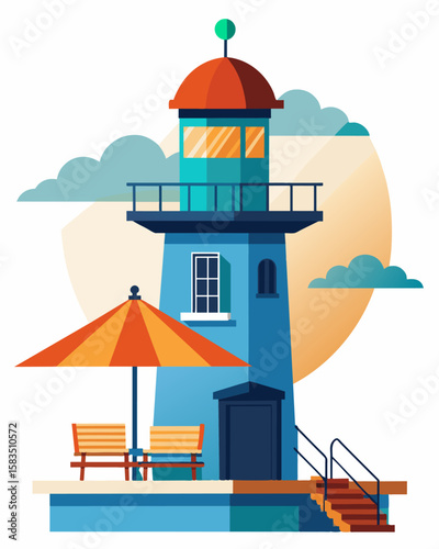 The top of the lighthouse has been transformed into a private rooftop patio where work can be done while soaking up the seaside views.. Vector illustration
