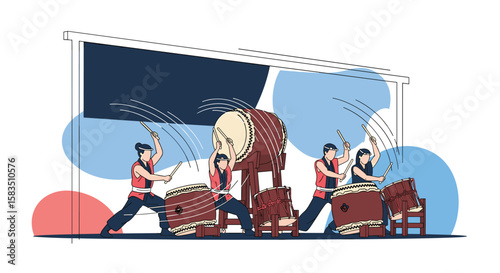 Vibrant japanese taiko drumming performance capturing rhythmic energy and cultural tradition