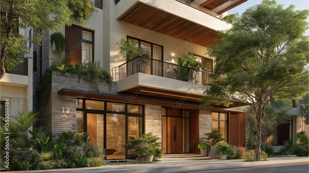 Fototapeta premium Luxurious Home Exterior: The exterior of a modern luxury home, showcasing architectural details and design elements surrounded by lush greenery and warm ambiance.