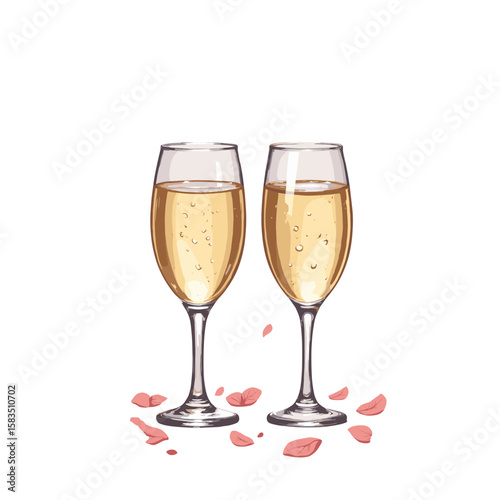 Two champagne glasses with bubbles and rose petals on white background  