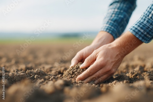 farmer checking soil condition with bare hands in plowed field
