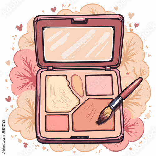 Makeup palette with brush and mirror in a floral background concept of wedding  