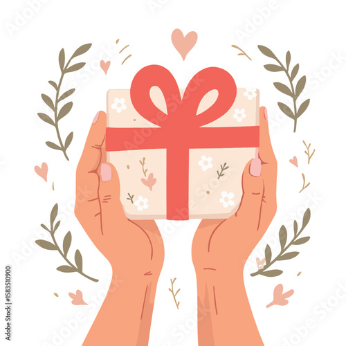 Hands holding a gift box decorated with flowers and ribbon  