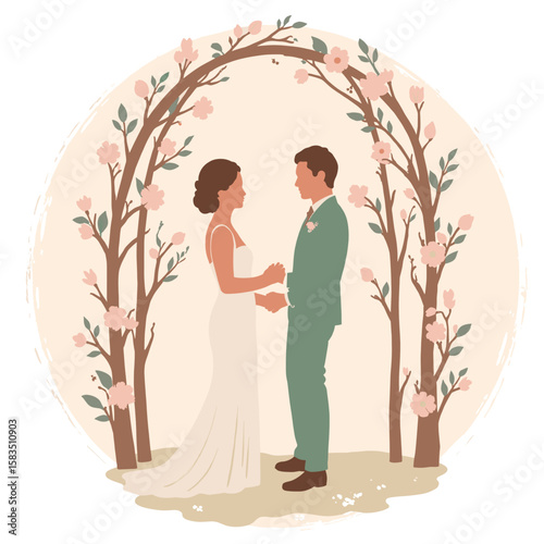 Bride and groom holding hands under floral arch in wedding ceremony  