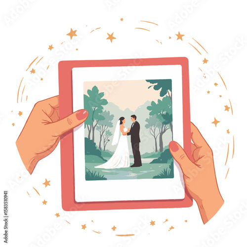 Hands holding a wedding photo of couple in nature background  