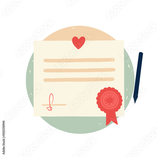 Wedding certificate with heart seal and pen on circular background  