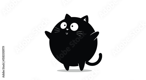 A funny fat black cat standing up with open arms and wide eyes