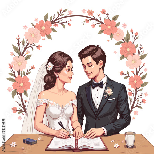 Bride and groom signing wedding document surrounded by floral decor  