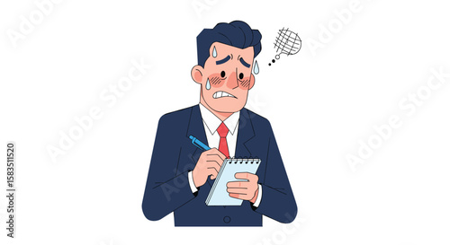Worried businessman writing notes feeling pressure and stressful thoughts during a difficult task