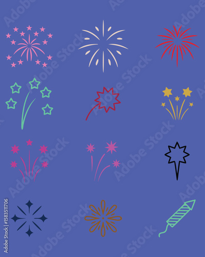 Collection of colorful fireworks and sparklers on blue background