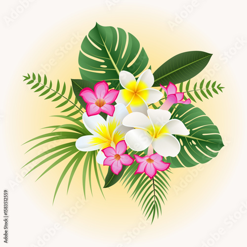 Tropical flowers and leaves on a light background. Vector illustration.