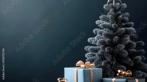 Festive Christmas arrangement featuring a tree, gifts, and decorative elements against a blue background.