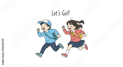 Two cheerful children with backpacks excitedly run forward with the words let's go