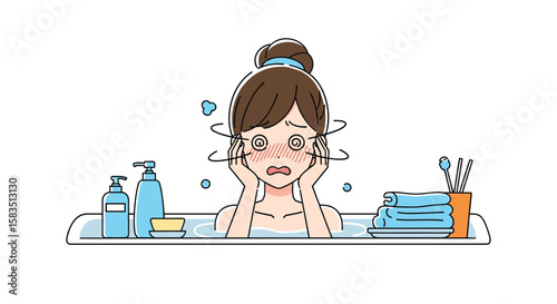Woman experiencing headaches and dizziness while taking a bath with skincare products