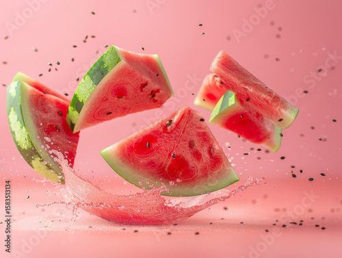 levitating watermelon cutted pieces, separated, white color background