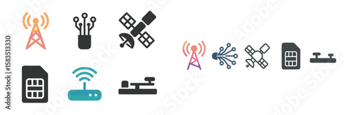 Icons representing telecommunications technology including antennas, satellites, and network elements