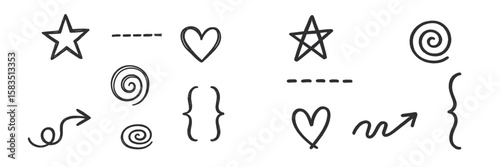 Hand-drawn doodles of shapes and symbols showcasing creativity in design and art