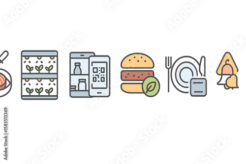 Illustration of food preparation and dining process showing ingredients, technology, and meal presentation at home