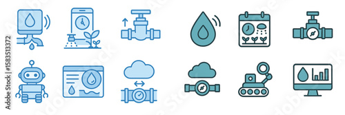 Water management icons showcasing various activities and technology related to conservation and irrigation in a modern agricultural setting