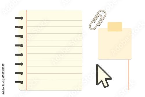Notebook, sticky note, and paperclip arranged on a white background in a minimalist workspace setting