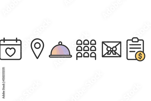 Decorative icons representing event planning, location, catering, collaboration, and budgeting for successful gatherings
