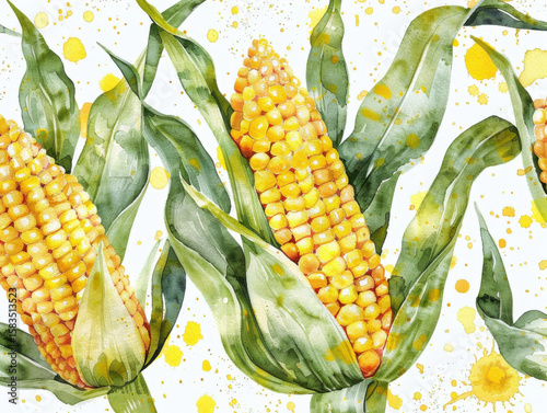 Watercolor pattern corn, and leaves for vibrant and summery design