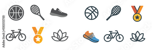 Icons representing different sports and athletic activities including basketball, tennis, and cycling