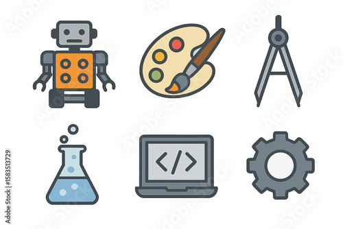 Creative tools and robotics icons representing innovation in technology and art explored in educational settings
