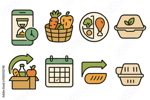 Variety of food delivery and meal planning icons showcasing healthy choices and sustainable practices