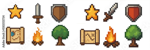 Pixel art icons representing adventure elements including swords, shields, stars, trees, campfires, and treasure maps suitable for a gaming interface