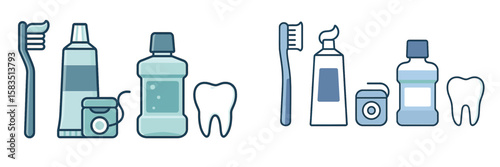 Dental hygiene essentials with toothbrush, toothpaste, mouthwash, and floss for daily oral care routine
