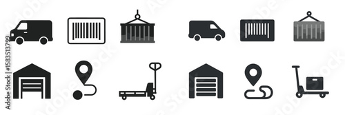 Logistics symbols representing transportation, storage, and tracking of goods in supply chain operations