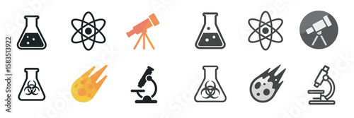 Science icons depicting various activities in a laboratory and astronomy setting at night