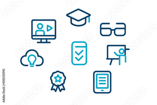 Educational technology icons representing online learning tools and resources for students and teachers