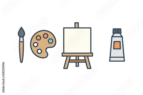 Colorful art supplies arranged for a creative painting session on a blank canvas