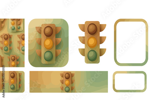 Creative illustration of a traffic light design in various angles showcasing vibrant colors and textures in a modern style