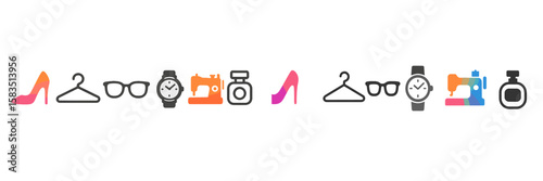 Fashion and accessories icons design showcasing shoes, hangers, watches, and sewing elements for a modern aesthetic