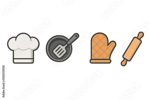 Essential cooking icons showcasing chef hat, spatula, oven mitt, and rolling pin for culinary enthusiasts