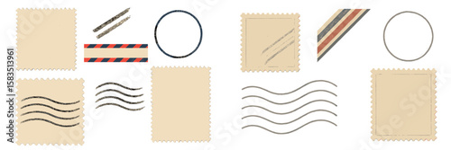 Variety of decorative elements featuring stamps, lines, and circles suitable for crafting and design projects