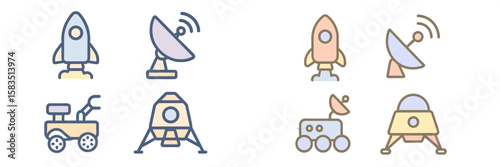 Icons representing space exploration, including rockets, satellites, and rovers in a creative arrangement