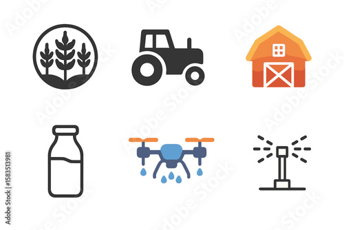Farming icons illustrating modern agricultural practices with a tractor, barn, drone, and milk bottle in a simple layout