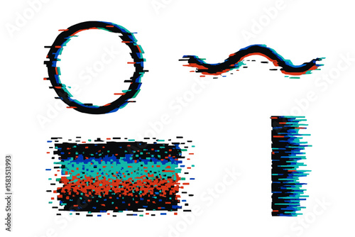Abstract shapes and patterns with vibrant colors and dynamic lines displayed on a white background