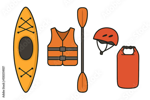 Kayaking gear laid out on a flat surface ready for an outdoor adventure on a sunny day