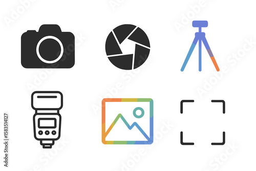 Camera equipment for photography including camera, tripod, flash, and more arranged in a neat layout for a creative project