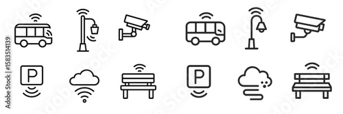Smart city technology icons showcasing connectivity and surveillance in urban environments
